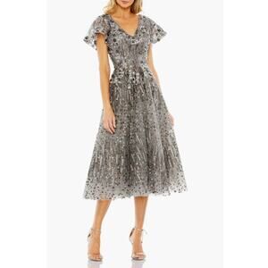 Mac Duggal Embellished Butterfly Fit Flare Tea-Length Dress Gray 20392 Sz 10 NWT